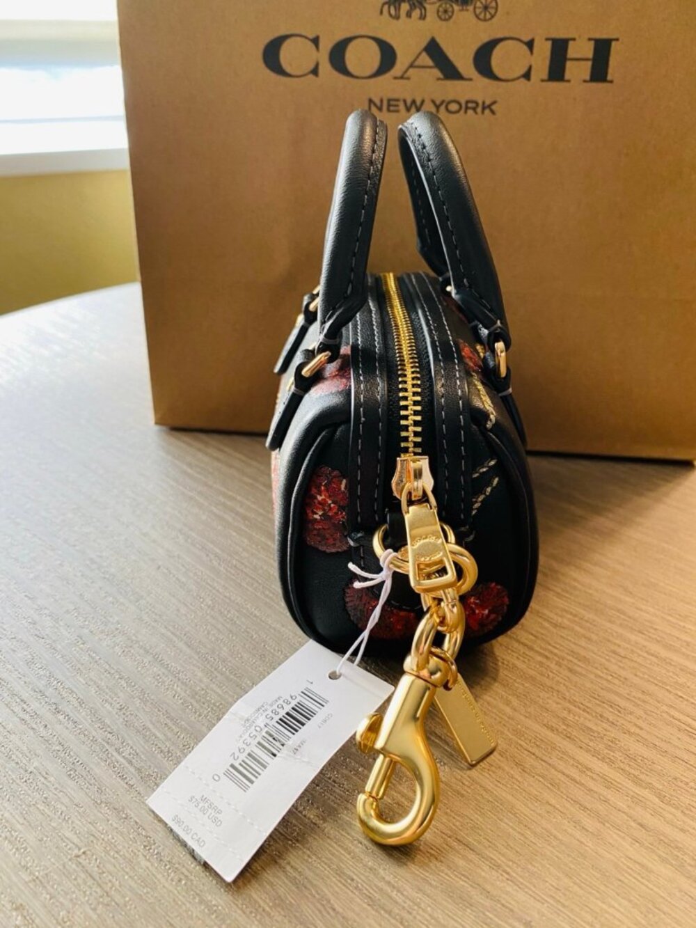 COACH CDB17 Mini Rowan Bag Charm Cherry Print Smooth Leather Gold/Black Multi - Picture 2 of 6